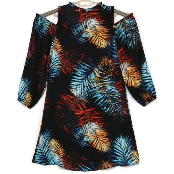 Worthington Cold Shoulder Dress Black Blue Orange Red Hawaiian Palm Floral 8 - Picture 2 of 12